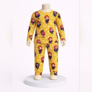 Posh Peanut Yellow Character Print Long Sleeve Pajama Set with White Polka Dots
